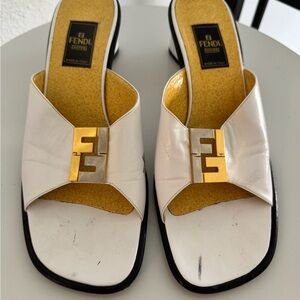 Authentic Fendi Women's White Leather Slide Sandals with Gold FF Hardware